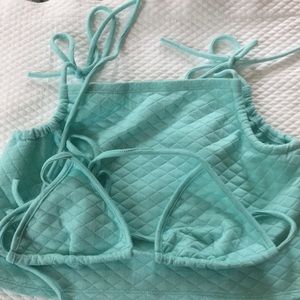 HoneyBum quilted string bikini top w/ matching crop top self tie size M teal